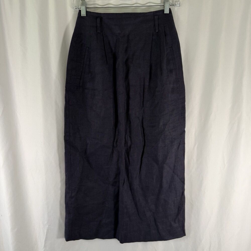 VTG Breeches 100% Linen Maxi Skirt Women's 6 Blue Pleated Lined Pockets Zip Back